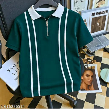 Retro Stripe Zip Polo - Forest Green 🍃