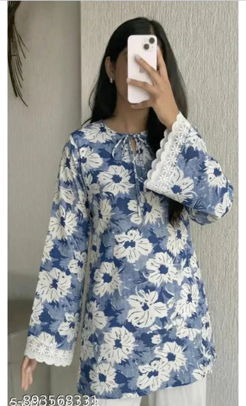 Blue & White Floral Print Flared Sleeve Tunic Top 🩵🪽