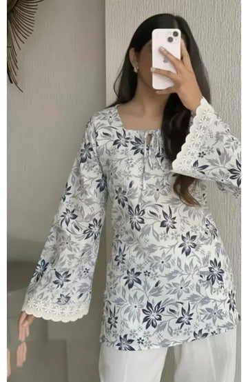 Elegant White & Blue Floral Tunic – Cotton Summer Wear 🤍