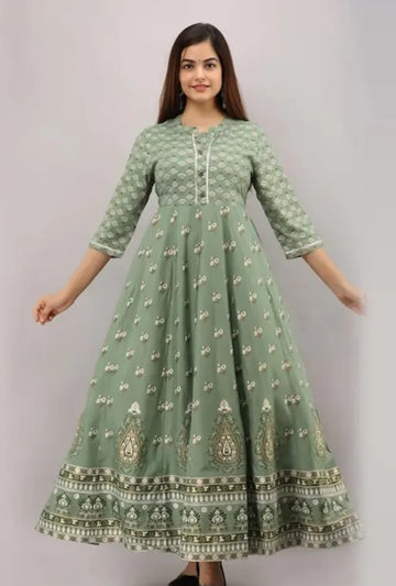 Elegant Sage Green Printed Anarkali Kurti 🥵