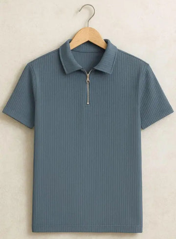 Men’s Slate Blue Ribbed Quarter-Zip Polo